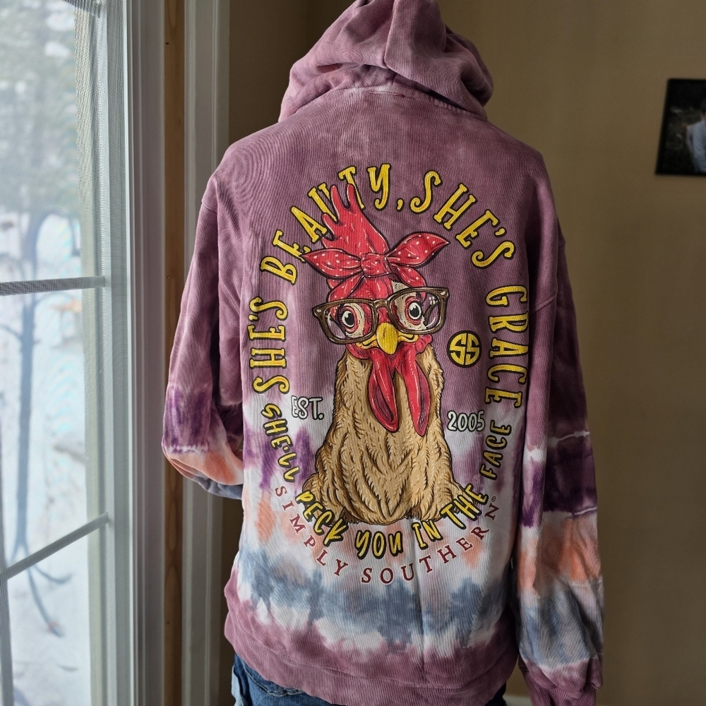 Simply Southern Tie Dye Chicken Graphic‎ Hoodie 100% Cotton Sweatshirt Womens S
